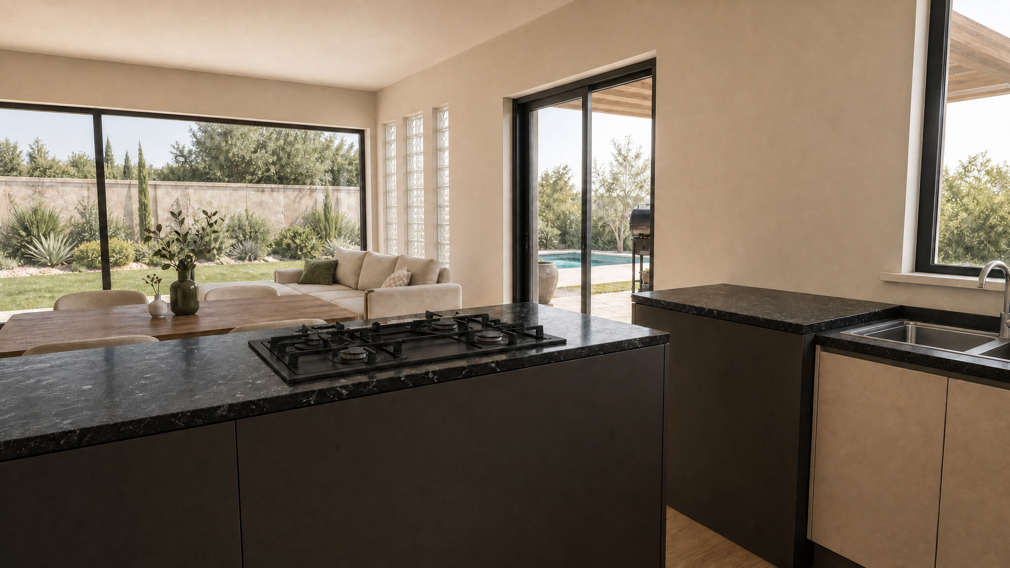 Cucina con isola e vista giardino